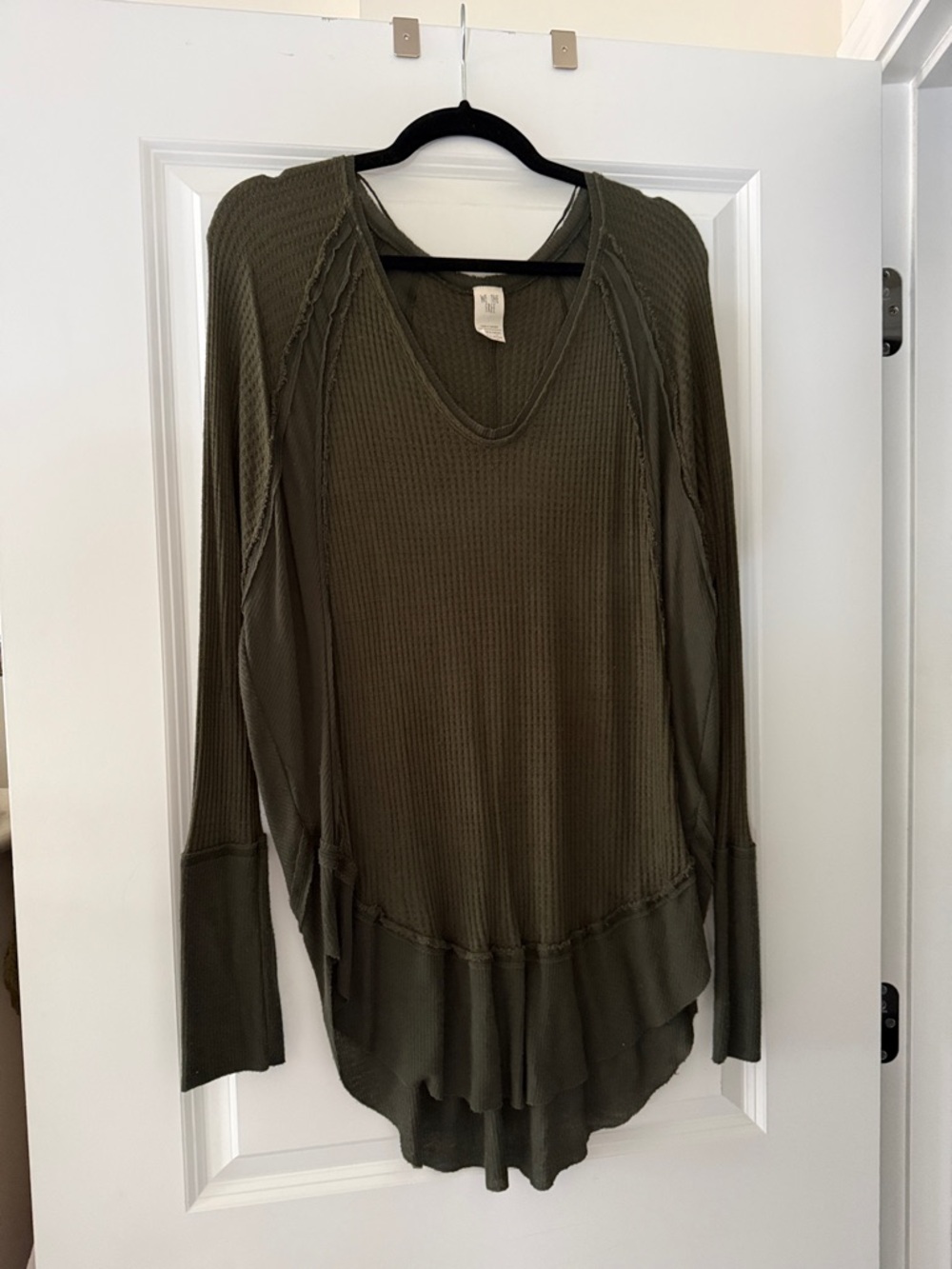 Free People Olive Green Long Sleeve V-Neck Waffle Knit Top